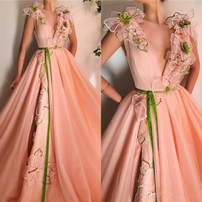 Orange Abendkleider 2020 A-line Elegante Blumen Slit Dubai Saudi-arabische lange formale Abendkleider Abendkleid