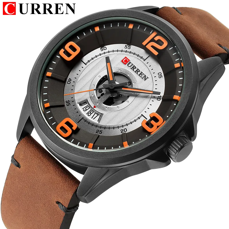 Curren FashionCasual Business Wristwatches Straps de couro quartzo Mens exibem date relógio hodinky relógio masculino