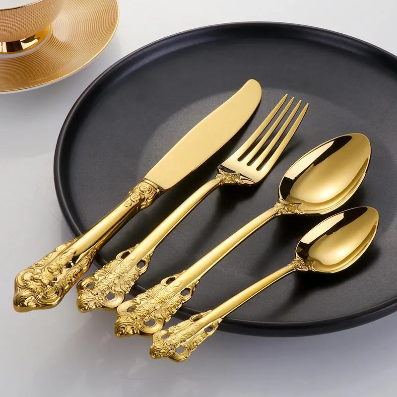 24pcs Vintage Western Gold Silver Cutlery Dining Knives Forks Teaspoons Set Golden Luxury Dinnerware Kitchen Tableware Set