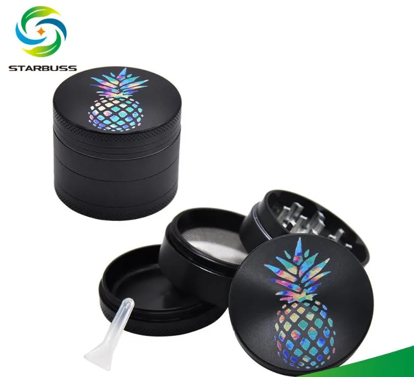 Aluminum Alloy Smoke Grinder with 50mm Diameter Four-layer Metal with Colorful Pineapple Patterns