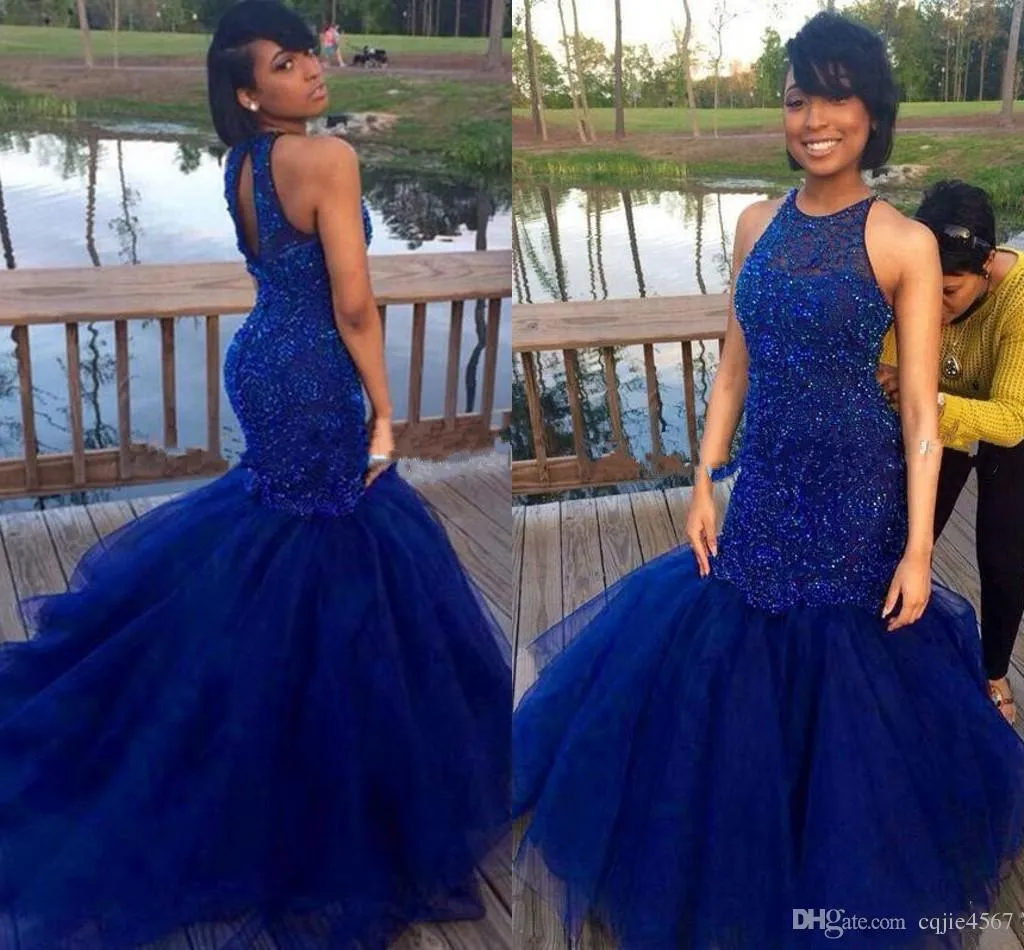 Royal Blue Prom Dresses 2020 New Back Mermaid Hard Beadings Evening Party Gowns Indian Black Girl Dress Vestido De Festa For Women Special