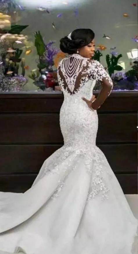 2019 Robes De Mari e Sir ne De Luxe Sheer Manches Longues Col Haut