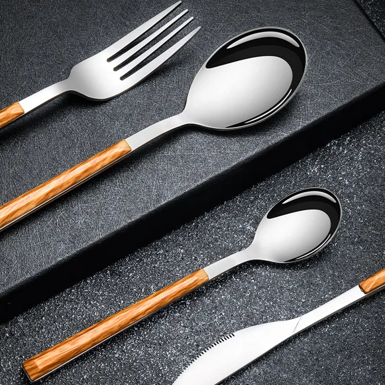 新しい木製のハンドルステンレススチールナイフとフォークスプーン西洋フードナイフとフォークコーヒースプーンギフト食器用T2I5918