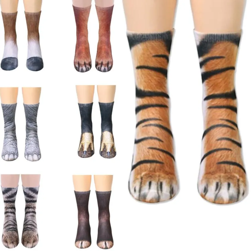 Ny 3D-tryck Unisex Adult Animal Paw Socks Unisex Crew Cat Lång lager Elastisk Andbar Sock Dog Horse Zebra Pig Cat Paw Gift
