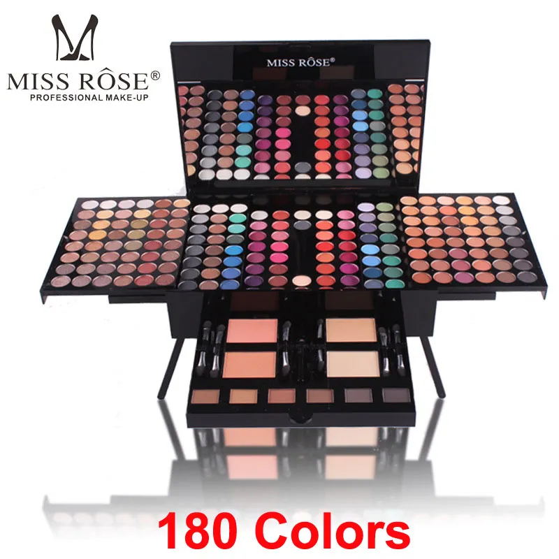 Miss Rose 180 kleuren oogschaduw palet make-up shimmer matte contouring kit 2 gezicht poeder blozen 1 eyeliner 6 spons borstel make-up cadeau set