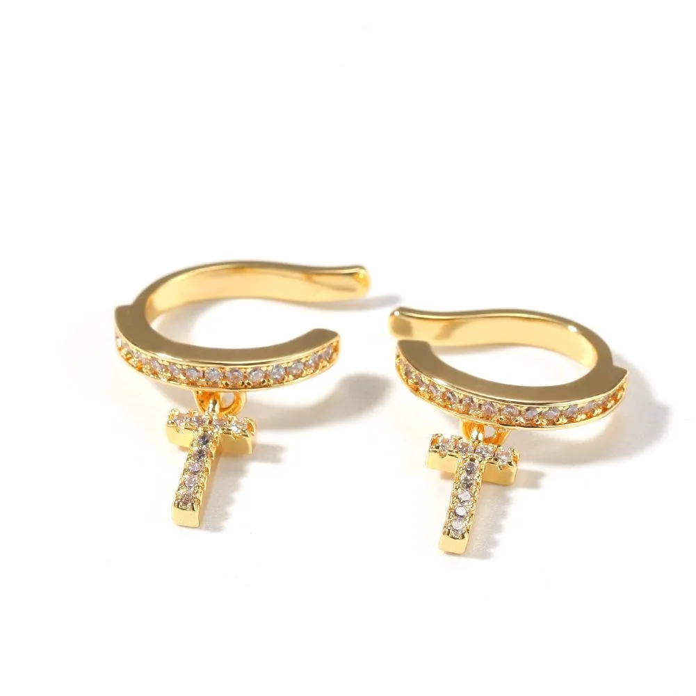 Neue Mode 18k Weiß Gold, gepacktes Eiskunstlauf CZ Kubikzirkonia Kreuz Manschette Ohrringe Hip Hop Bling Diamond Ohrring Ohrschmuck für Männer Frauen