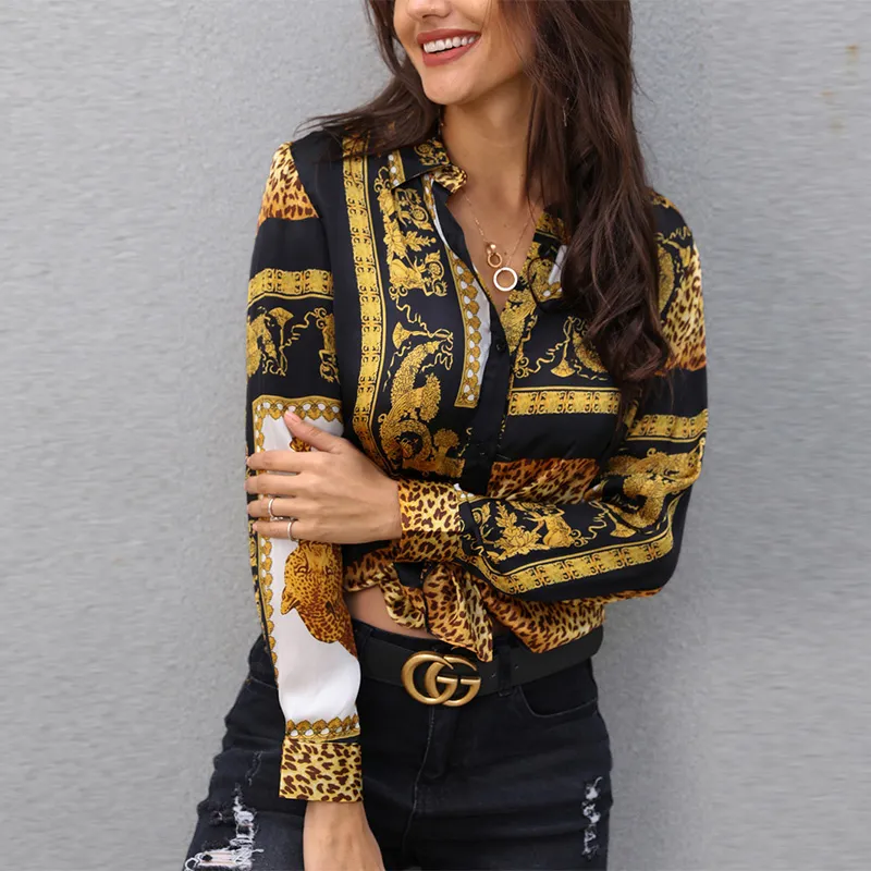 Leopard Print Knot Front shirt Shirt Office Lady Elegant Long Sleeve Button Shirt
