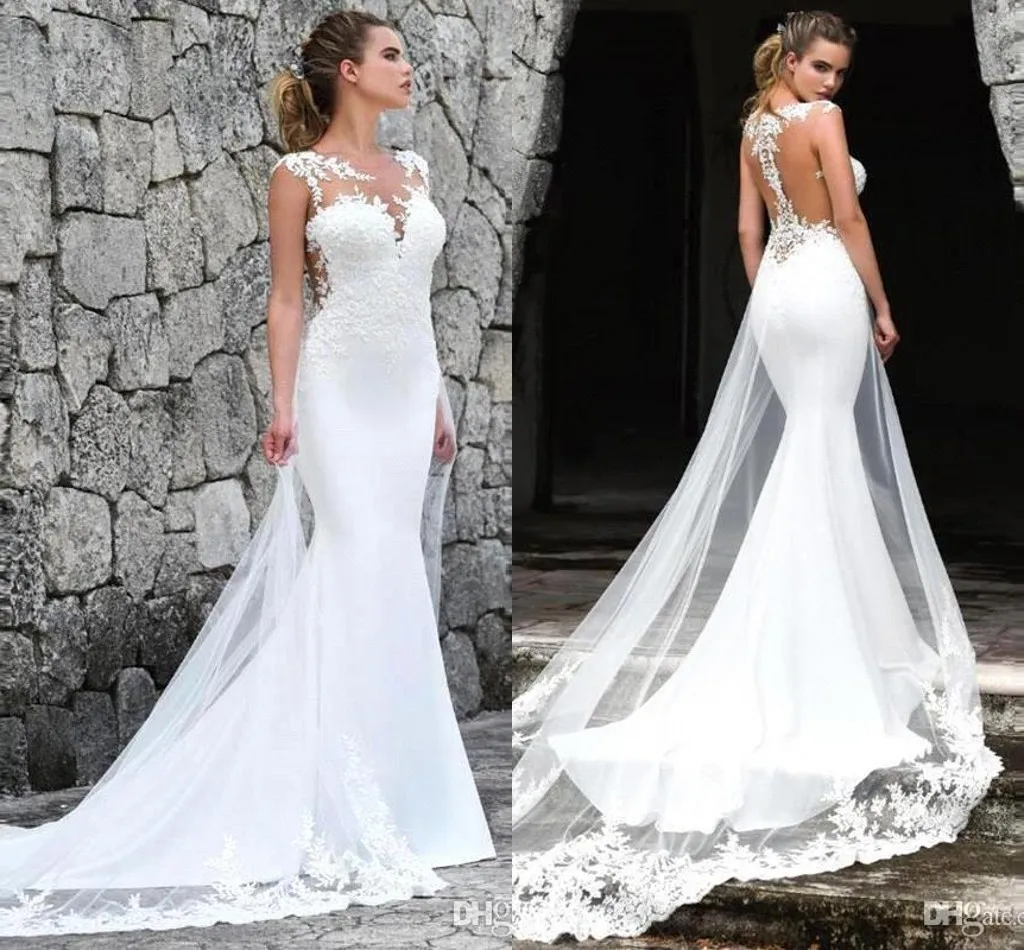 Laço barato Vestidos de casamento da sereia apliques com trens em anexo Bainha do vintage Braia vestido nupcial boêmio BM1529