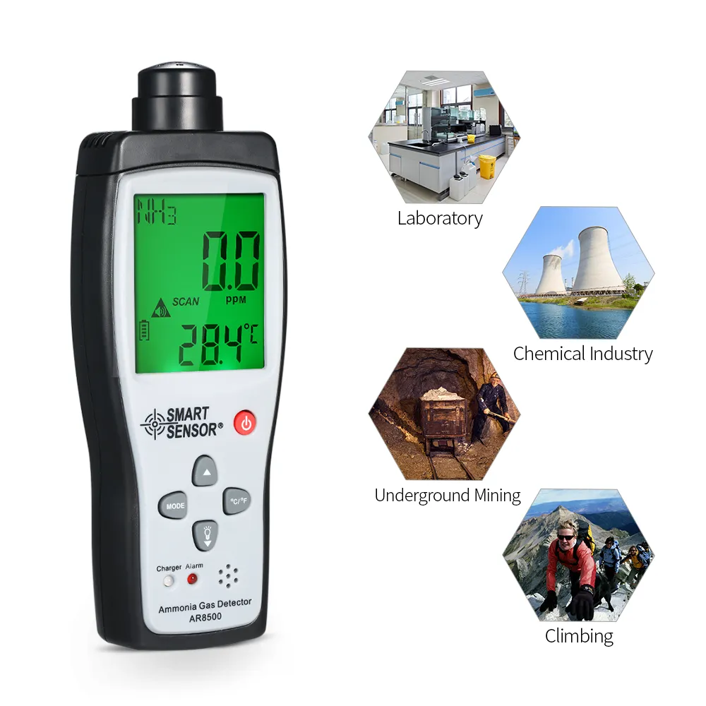 Analyseur de gaz Capteur intelligent AR8500 Détecteur portable de gaz d'ammoniac NH3 Compteur Testeur Moniteur Gamme 0-100PPM Alarme lumineuse sonore Li-batterie