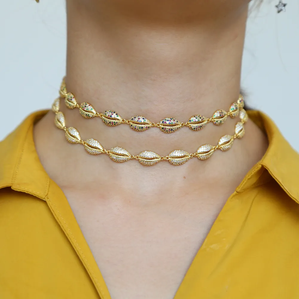 2019 Золотой Заполненный Летний Пляж Модные Женщины Леди Sexy Choker Белая Радуга Красочные Крошечные CZ Sea Shell Дизайн Ожерелья Ювелирные Изделия