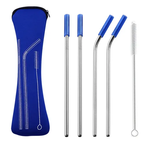 100set/lot Colorful Reusable Silicone Tips Cover Stainless Steel Straight Bent Drinking Straws With Brush Set Bar tool