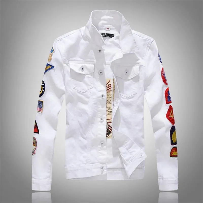 Chaquetas de hombre 2023 Denim para hombre con parches Slim Fit Jean Jacket para hombre Tamaño Verde Blanco Turn Down Collar Coat1