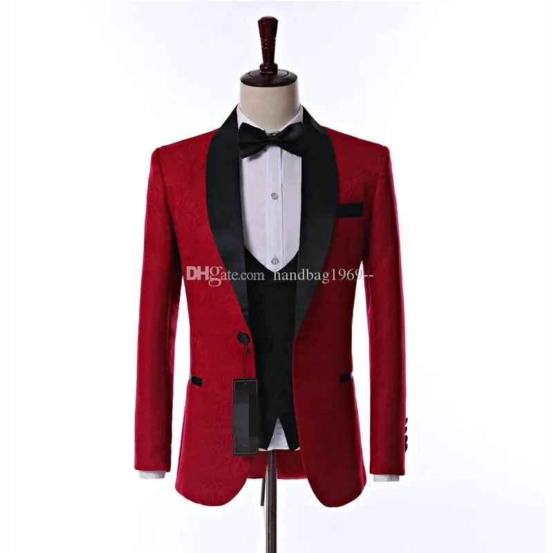 Latest Design Side Vent One Button Red Paisley Groom Tuxedos Shawl Lapel Groomsmen Mens Wedding Party Suits (Jacket+Pants+Vest+Tie) K19