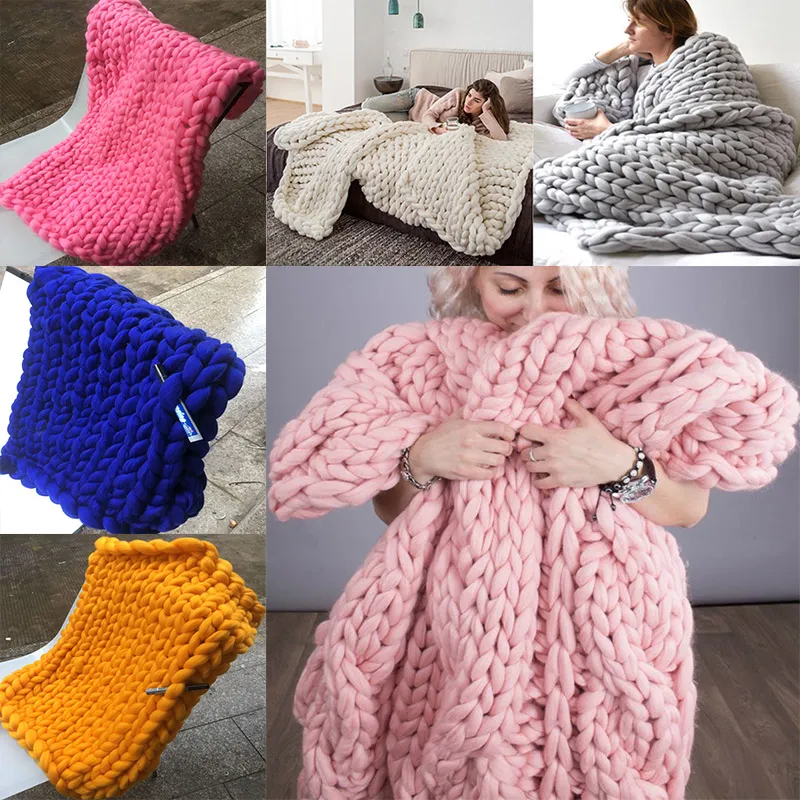 Cobertor de lã manta de malha quente grossa de fios de tecido grosso merino lã cobertores de malha artesanais volumosos 14 cor wx9-18