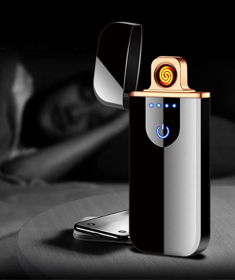 Mini Elektrikli Dokunmatik Algılama Çakmak Metal Rüzgar Geçirmez Isıtıcılar Ince USB Şarj Edilebilir Sigara Erkekler için Tam Ekran Çakmak Gadget'lar