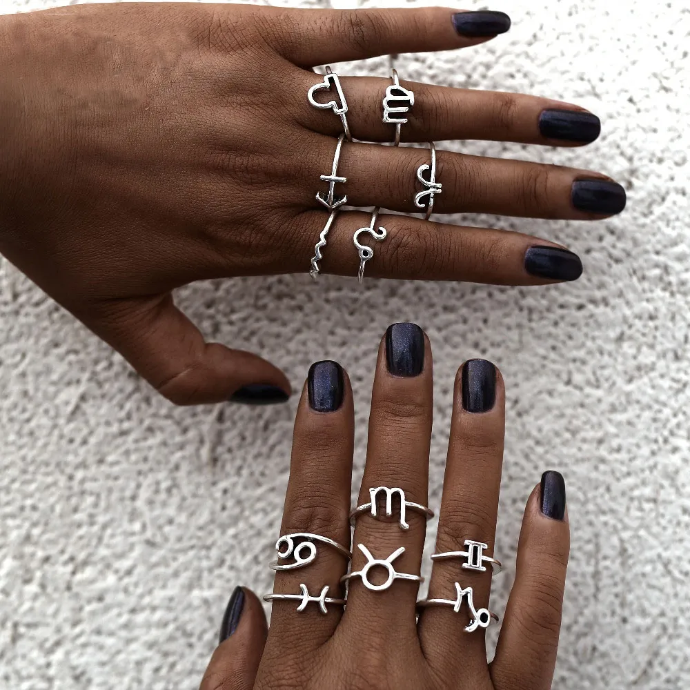 Mujeres Vintage 12 Constelaciones Anillos Color plata Dedo Pareja Anillo Conjunto 2019 Anillos Mujer Declaración Joyería de moda