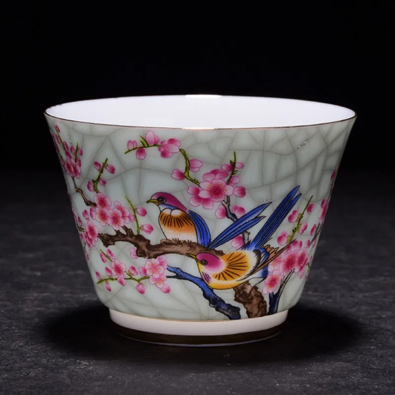 Tazza da tè fiore di uccello smaltata fiore di prugna singola tazza principale ospite individuale tazza da tè raggiante piccola ciotola da tè