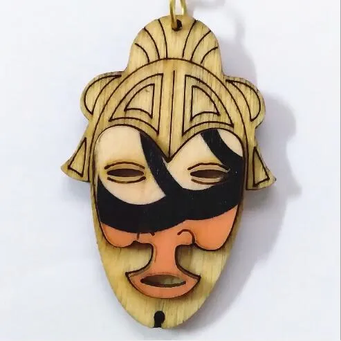 Porte-clés en bois avec visage d'art coloré rétro 3D, ethnique boho, perles de maquillage du visage, sacs à main de voiture, bijoux cadeau pour femmes