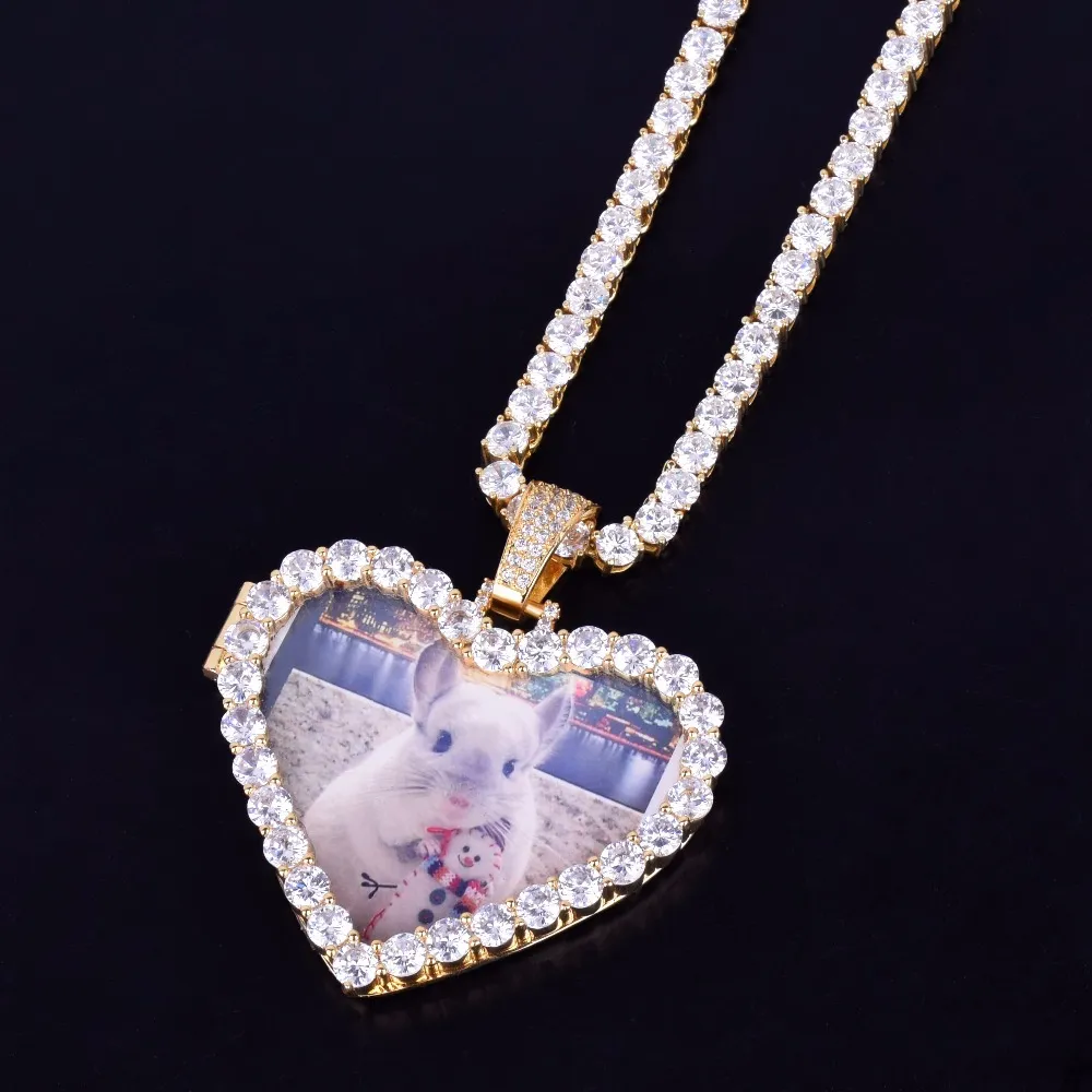 Nieuwe op maat gemaakte fotolijst hart medaillons ketting hanger met 4mm tennis ketting ice out cz heren hiphop sieraden voor cadeau