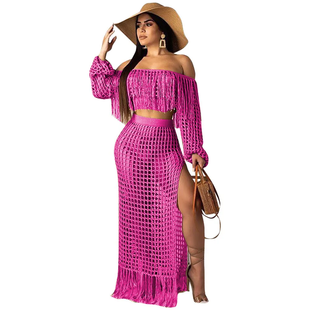 Kobiety Summer Casual Sukienka Siatka Siatka See Chociaż Tassel Off Ramię Crop Top Side Split Maxi Spódnice Dwie kawałek plaży Zestaw Długa sukienka