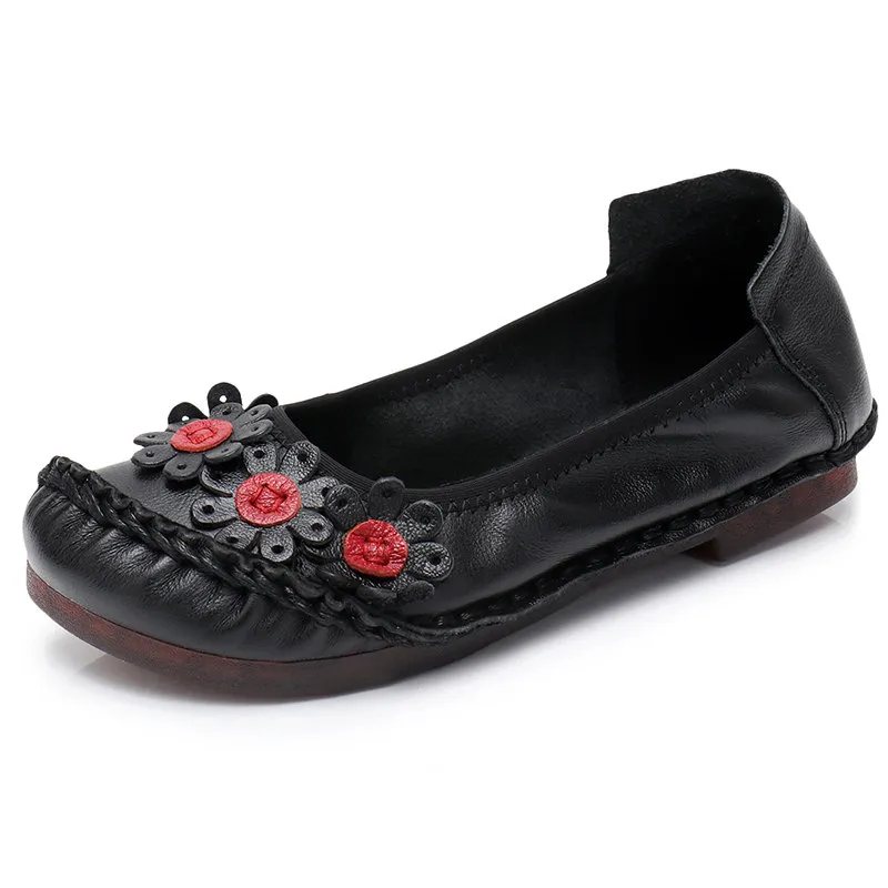 Hot Sale- Kvinnor Flats 2019 Handgjorda Casual Kvinnor Skor Kvinna Blomma Äkta Läder Flat Skor Ballett Flats Kvinnor Loafers