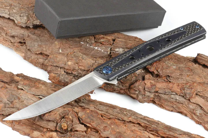 Högkvalitativa kullager Flipper Folding Kniv D2 Drop Point Satin Blade Carbon Fiber + G10 Hantera EDC Pocket Knives