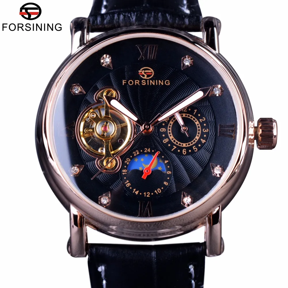 Forsining Fashion Luxury Luminous Hands Rose Golden Men Orologi Top Brand Tourbillion Diamond Display Orologio meccanico automatico