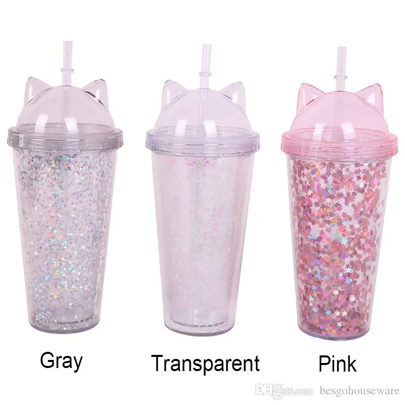 2 Tasses à Paillettes Avec Paille - 400-500 Ml - Design Oreilles De Chat - Pour Fille Ou Cadeau