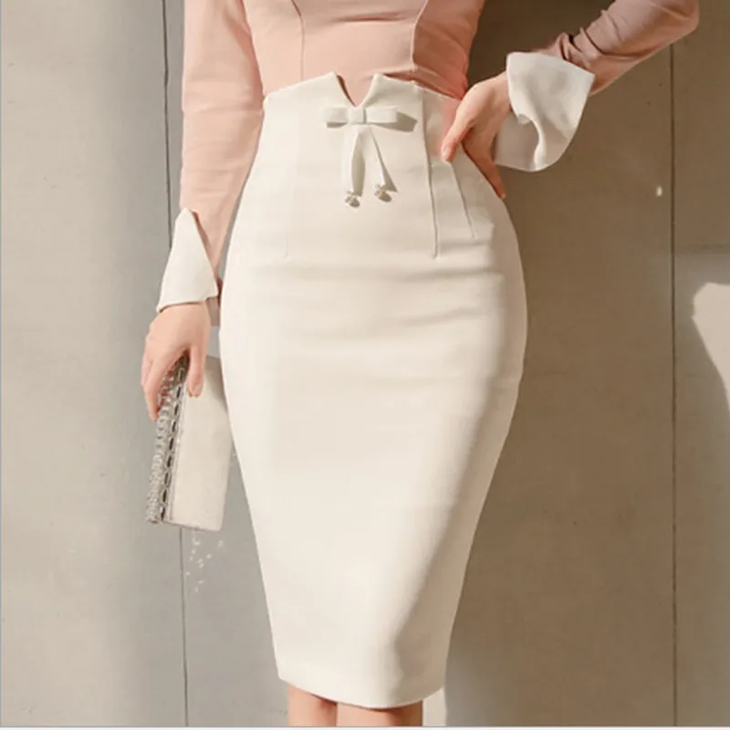 New White Women Midi Pencil Skirt 2019 Spring High Waist Office Bodycon midi Skirts Zipper Split Knee Length Skirt
