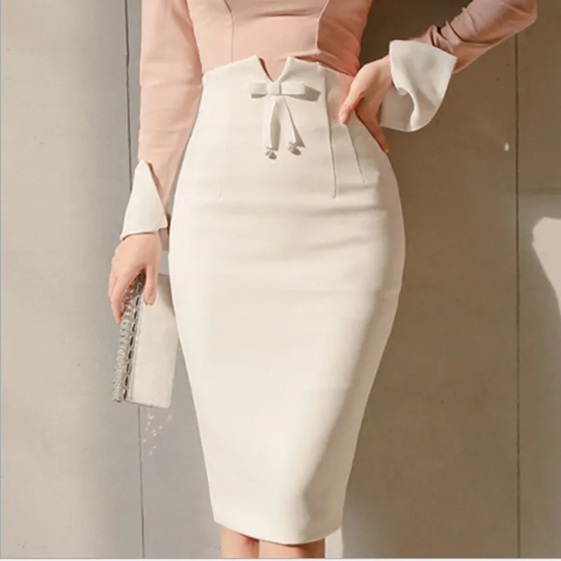 جديد أبيض المرأة ميدي قلم تنورة 2019 الربيع عالية الخصر مكتب bodycon midi التنانير سستة سبليت طول الركبة تنورة