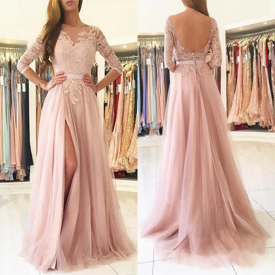 블러쉬 핑크 스플릿 긴 신부 들러리 드레스 2020 쉬어 넥 3/4 긴 소매 아플리케 레이스 메이드 오브 명예 컨트리 웨딩 게스트 가운 저렴한