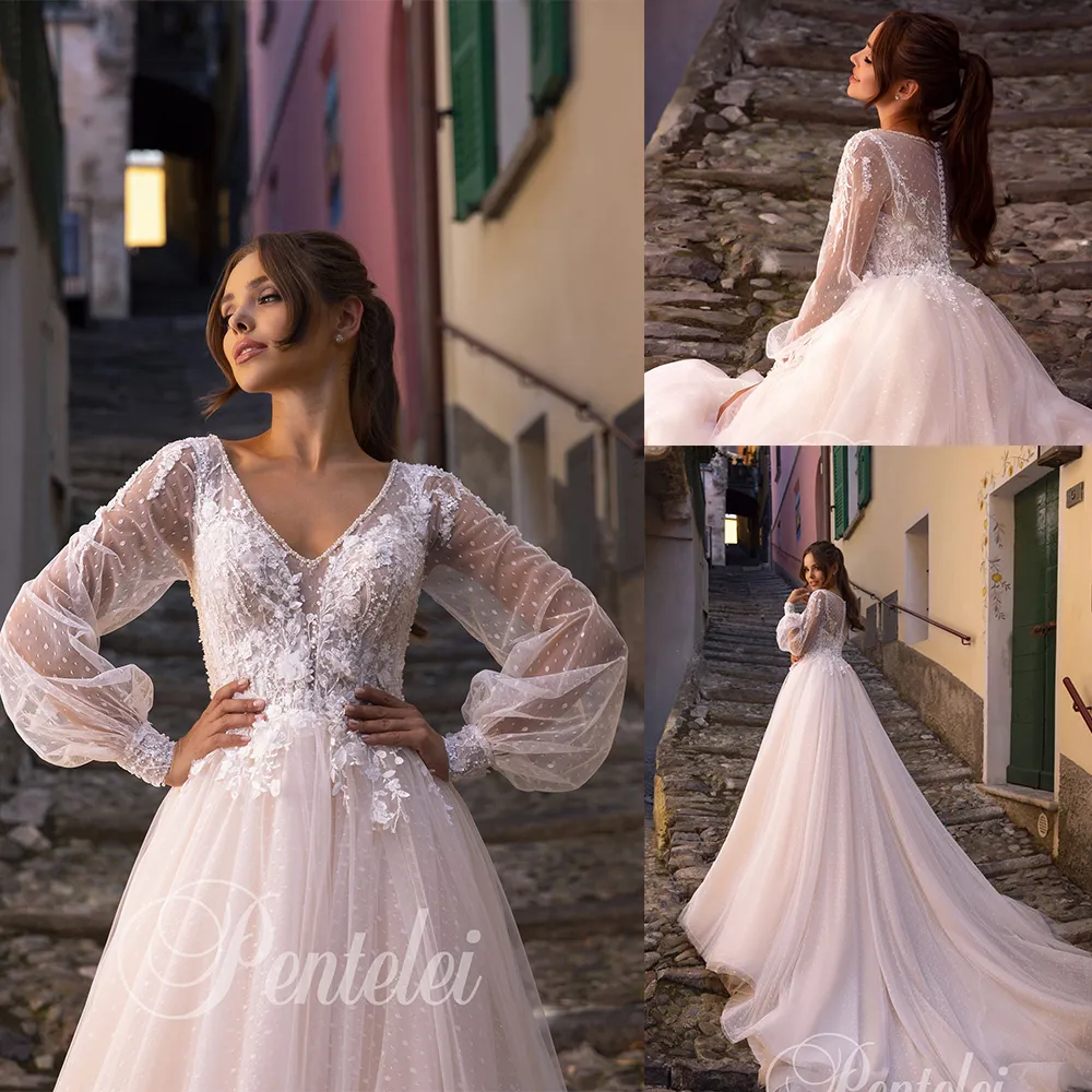 Os mais recentes Varrer A Linha Bohemian Pentelei vestidos de noiva V Neck manga comprida Applique pérolas Vestidos de casamento Train robe de mariée