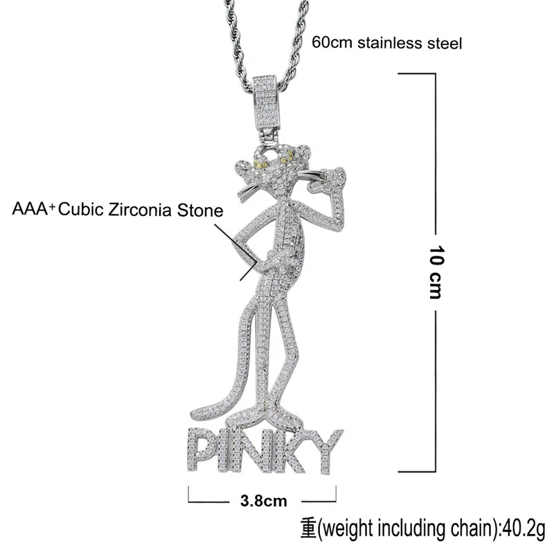 Iced Out Halskette mit Anhänger „Pink Panther und Söhne“ mit Zirkon-Mikropavé, vergoldet, versilbert, glitzernder Hip-Hop-Schmuck248i