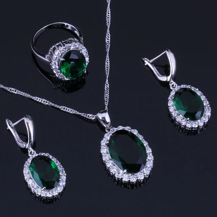 Charming Oval Egg Green Cubic Zirconia White CZ 925 Sterling Silver Jewelry Sets For Women Earrings Pendant Chain Ring V0285