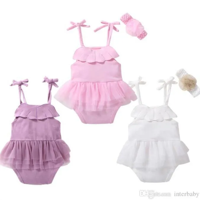 Bebek Kız Giysileri Toddler Yaz Tulum Etekler Kafa Takım Elbise Tül Tutu Tulumlar Hairband Fırfır Askı Onesies Bodysuits AYP5435