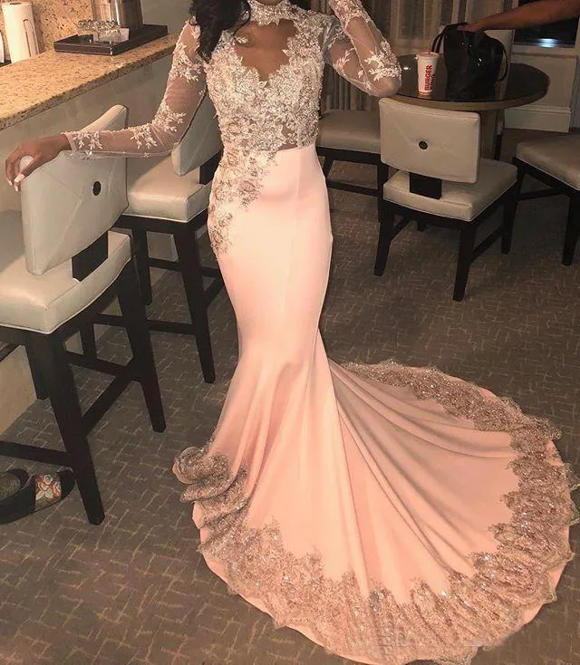 Afrikanska Mermaid Prom Klänningar 2022 Sexig Sheer Lace Appliques Evening Party Gowns Sweep Train Formell Klänning Lång