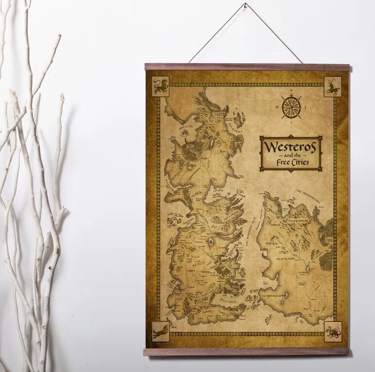 Game Of Thrones Häuser Karte Westeros Und Freie Städte Kunst Wand Leinwand Poster Mit Holzrolle