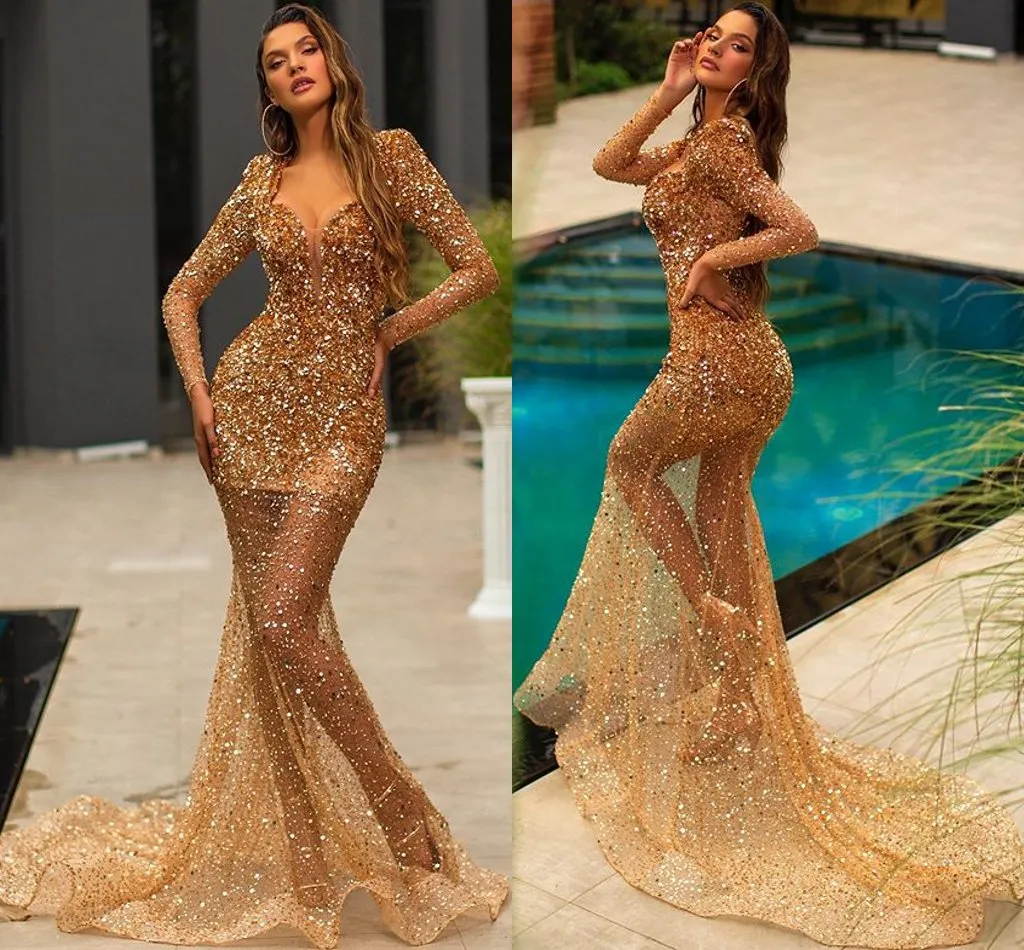 Vlora Kaltrina 2020 Suknie wieczorowe V Neck Długie Rękawy Koronki Cekinowe Suknie Prom Dostosowany Sweep Train Mermaid Specjalna okazja Dress