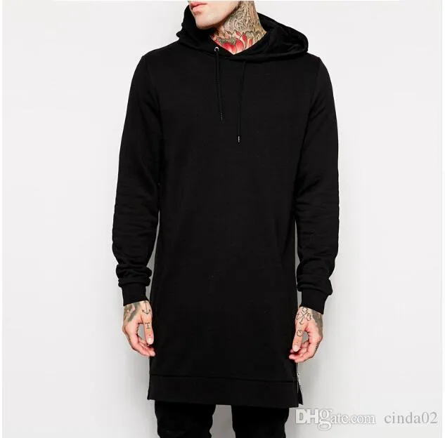 رجال الأسود Longline Hoodies الرجال الصوفاء الصلبة الصلبة الموضة طويلة هوديي الهيب هوب سستة سحاب الشارع الهيبوب