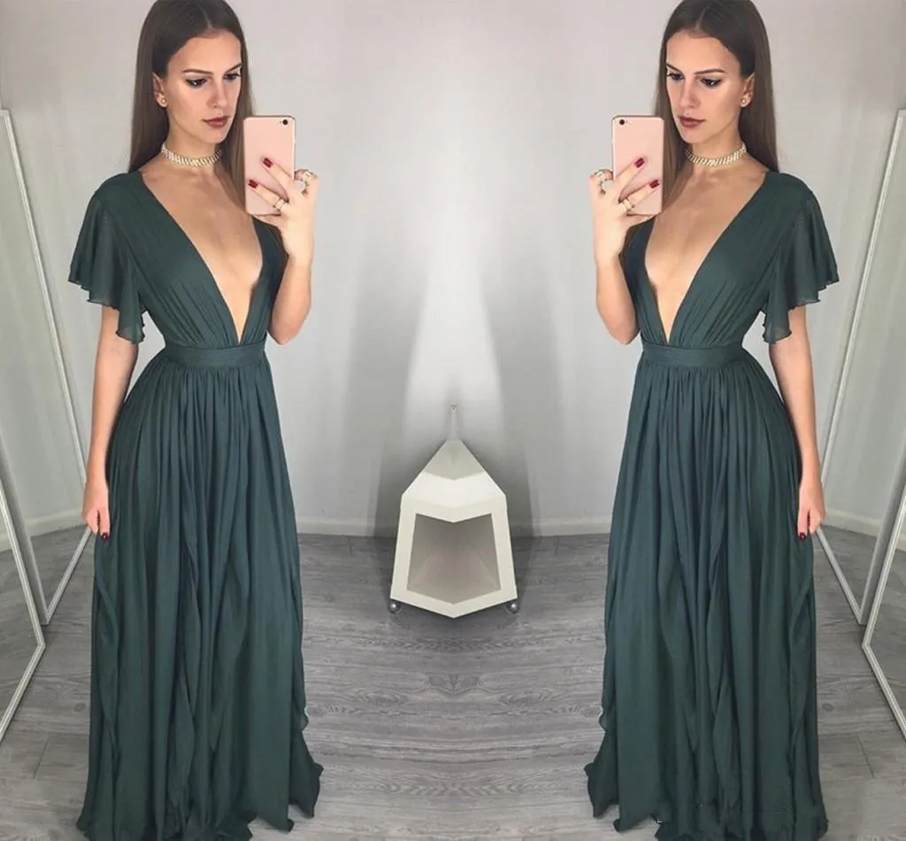 Modest Charming Sexy Abendkleid Chiffon Langes Abendkleid Kleider für besondere Anlässe Tiefem V-Ausschnitt A-Linie Kurzarm Club Wear Trauzeugin