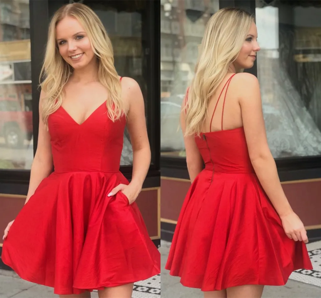 Little Red Short Homecoming Dresses For Sweet 16 Junior Prom Gowns A Line Spaghetti Strap Criss Cross Back Knee length Cocktail Gown BM1547