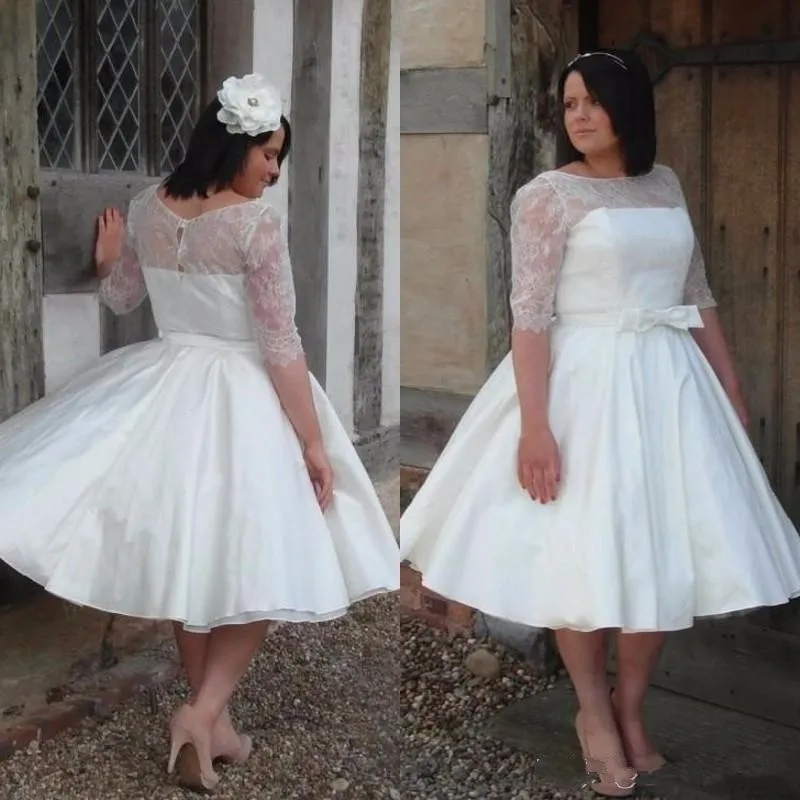 2020 Plus Size Trouwjurken Kant 1/2 Lange Mouwen Ronde Hals Knielengte Een Lijn Satijnen Bruiloft Bridal Toga Custom Made Vestido de Novia