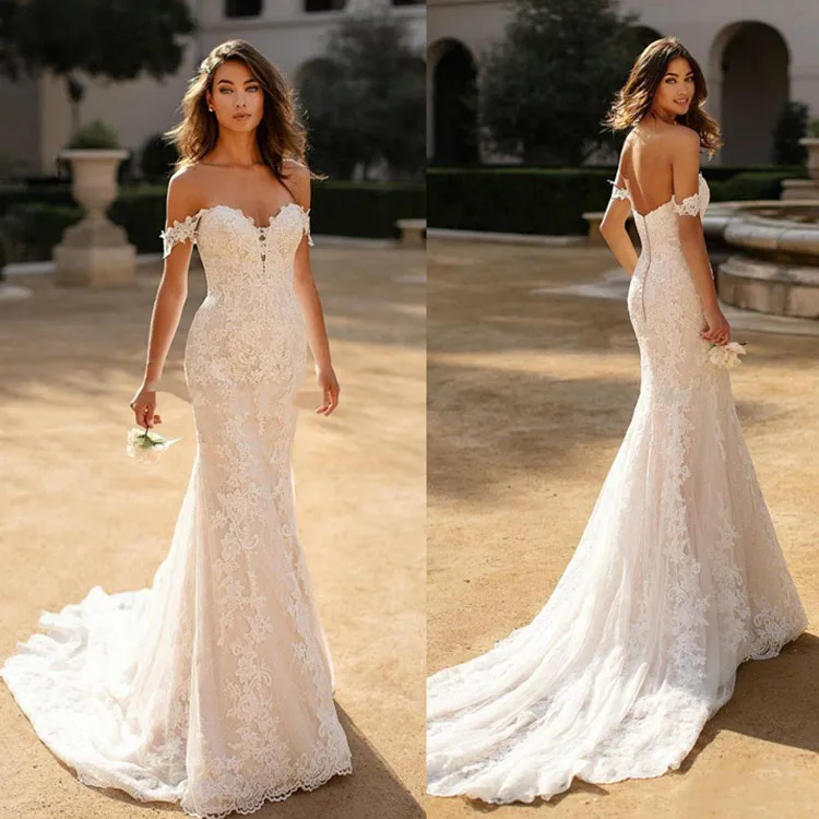 Berta robes de mariée sirène hors épaule dentelle Appliqued robes de mariée Sexy dos nu balayage train robes de mariée