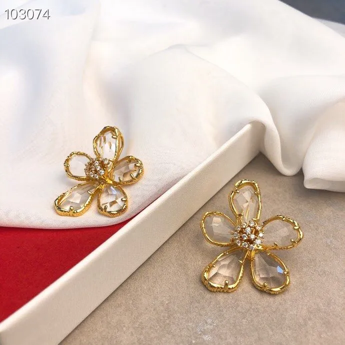 Fashion-Vintage Classic Brand Designer Koppar Guld Full Crystal Fem Leaf Clover Flower Shinning Big Stud Örhängen för Kvinnor Smycken