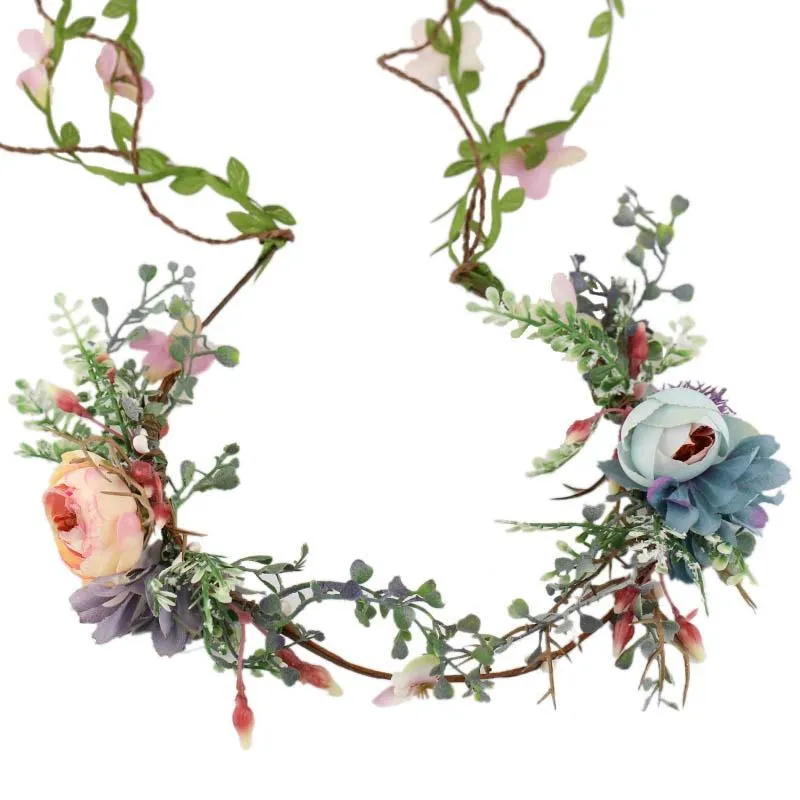 Pink Blue Flower Hair Jewelry Artificial Flower Tiara Hårband Brud Summer Wreath Leaves Garland Hårtillbehör för kvinnor VL318B