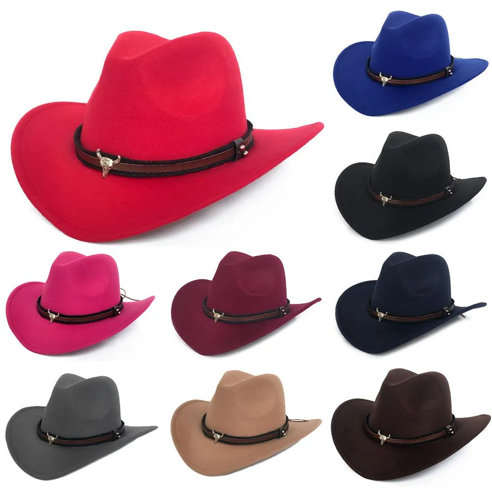 Winter fedora hoed mannen vrouwen metalen koe hoofd western cowboy wollen jazz hoed vilt hoed brede rand hoeden