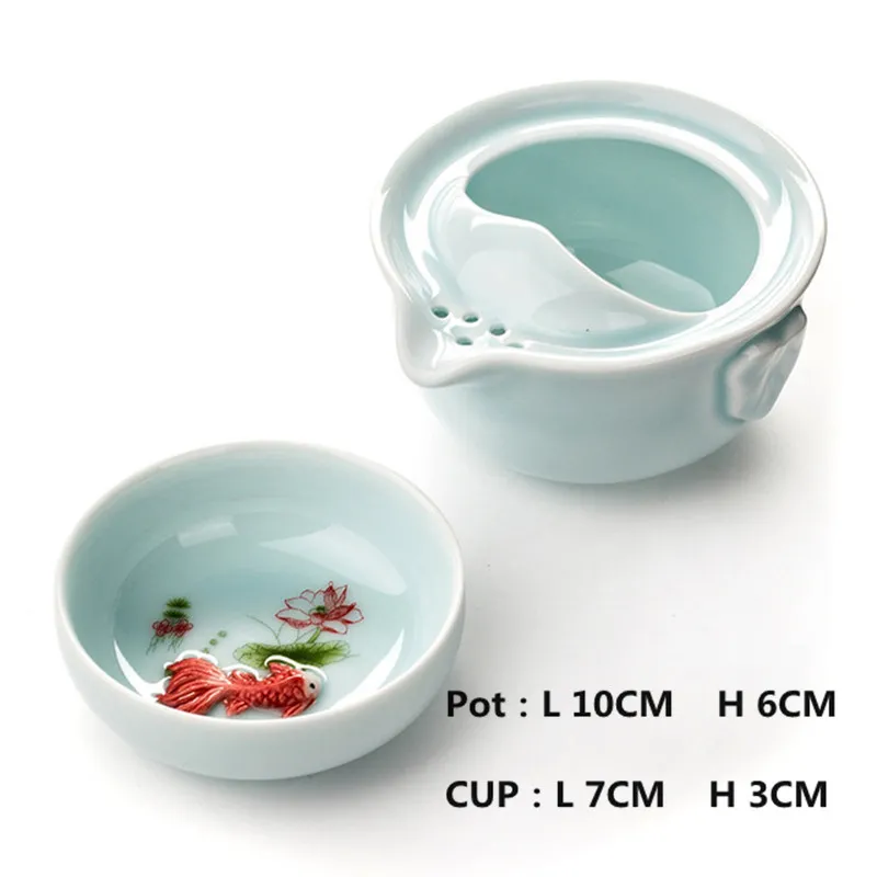 Högkvalitativ elegant Gaiwan Celadon 3D Carp Kung Fu Tea Set inkluderar 1 Tekanna 1 Tea Cup Vacker och lätt tekanna vattenkokare