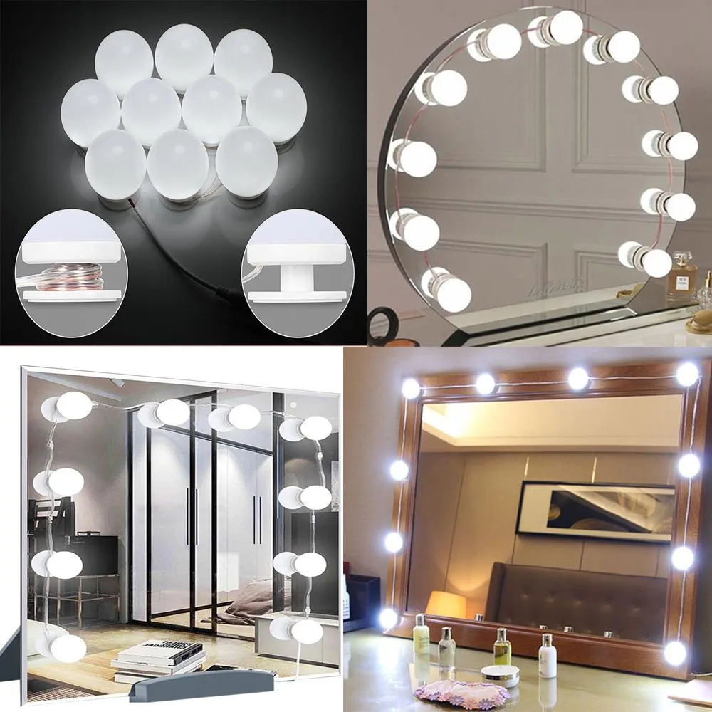 USB LED 12V Makeup Lampa 10 Lampor Kit för dressingbord Stepless Dimmable Hollywood Vanity Mirror Light 8W