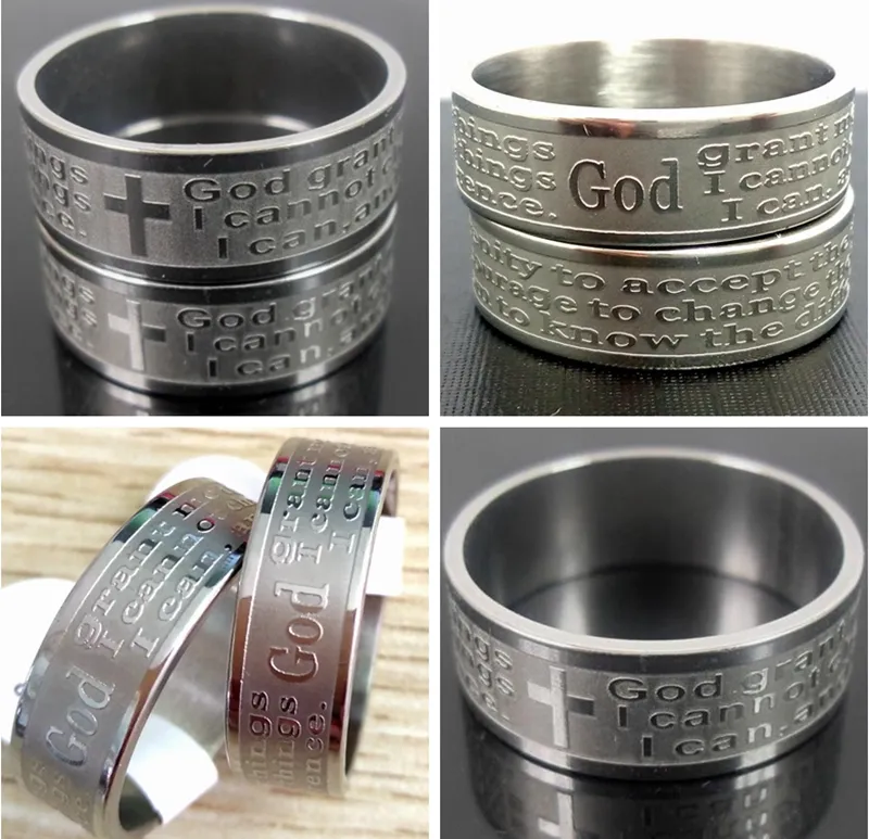 Bulk lots 100 stks / partij Etched Serenity Prayer Bijbel Roestvrijstalen ringen Breedte 8mm Maten 17-22mm Religieuze Sieraden Mix Kruis zonder kruis