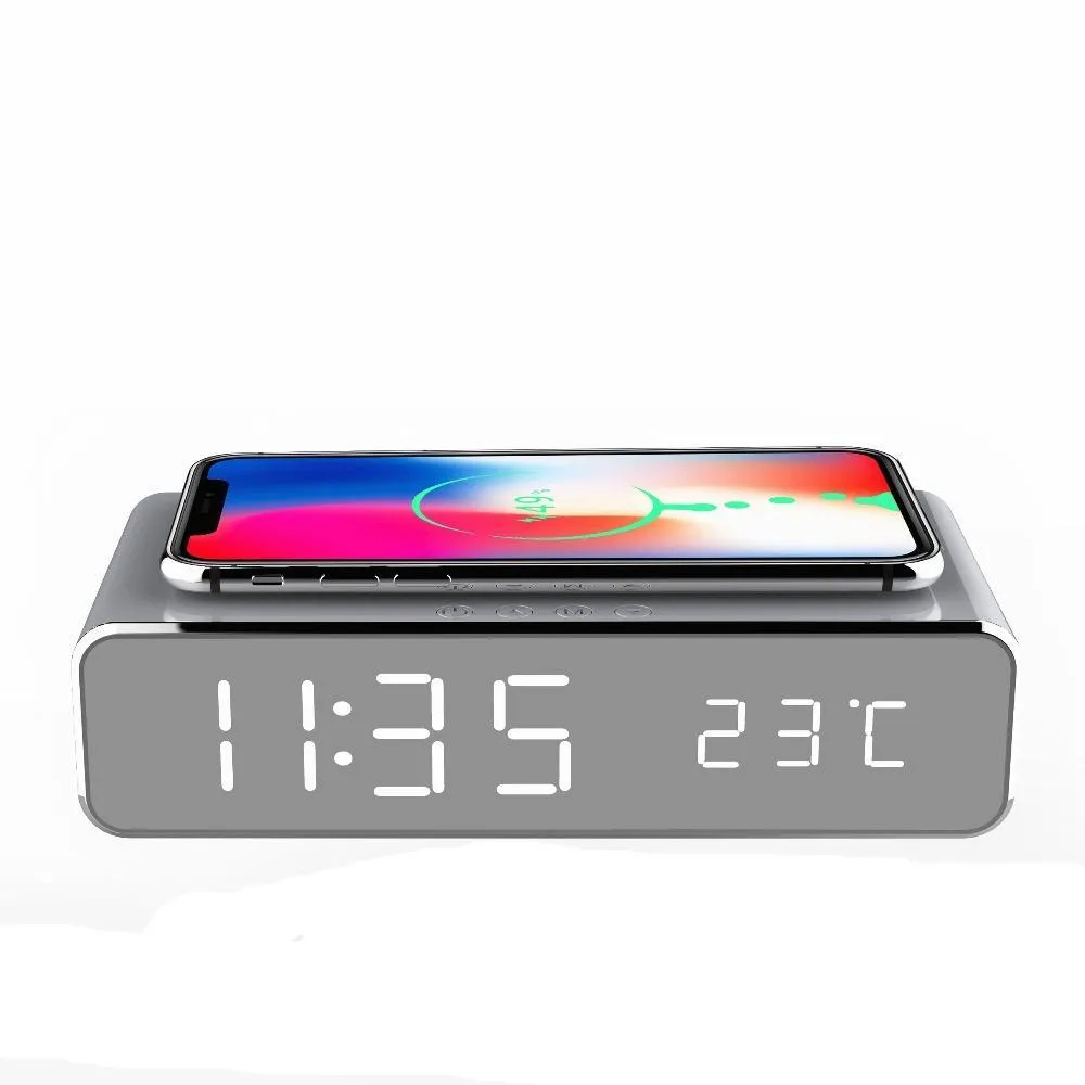 Elektrisk LED-väckarklocka med Telefon Trådlös laddare Desktop Digital Thermometer Clock HD Spegelklocka med tidsminne